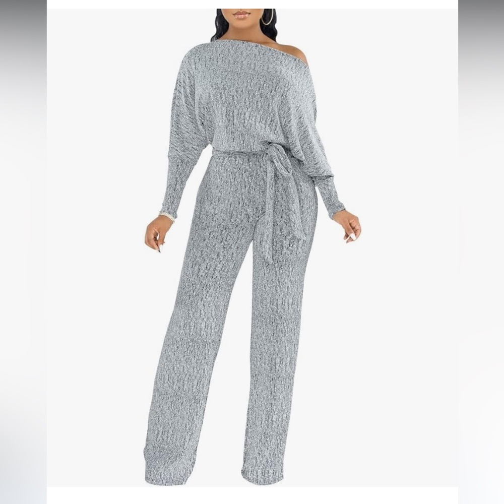 Silver long sleeve jumpsuit with a belt
